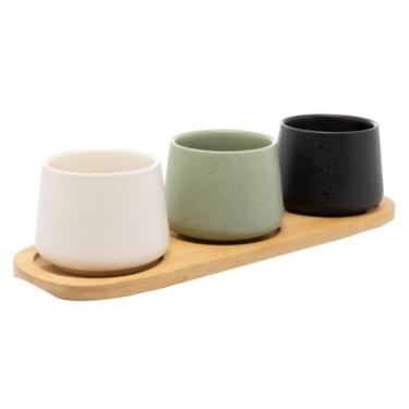 Imagem de Conjunto com 3 Bowls em Cerâmica e Bandeja em Bambu 31x10x7cm - Lyor