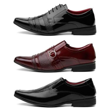 Imagem de Kit 3 Pares Sapato Social em Verniz Master Shoes Bico Quadrado Solado Borracha