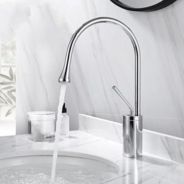 Imagem de Torneira de lavatório estilo gota escovado latão torneiras de banheiro quente frio misturador torneira 360 torneiras giratórias em cascata arte guindaste, curto cromado