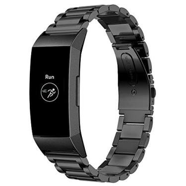 Imagem de Pulseira Maxjoy compatível com Fitbit Charge 3 Bands, Carregue 4 Pulseira de Metal Pequena de Aço Inoxidável Grande Pulseira de Substituição para Fitbit Charge3/Charge4/Charge 3 SE Pulseiras (Preto, Prata, Ouro Rosa), Preto