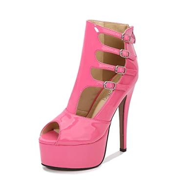 Imagem de Botas de salto alto para mulheres, plataforma salto alto boca de peixe bico aberto salto alto botas de cano médio botas de plataforma femininas salto grosso sola grossa botas de tornozelo, rosa, 35 UE/4 EUA