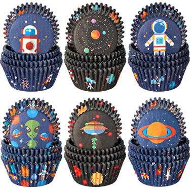 Imagem de Patelai 600 peças de forros de cupcake de aventura espacial planeta foguete astronauta formas de cupcake envoltórios de muffin para tema do espaço sideral suprimentos de festa de aniversário