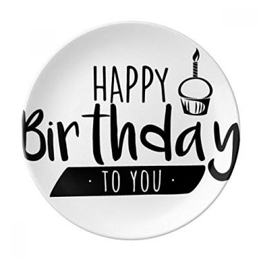 Imagem de Prato decorativo com citação de bolo Happy Birthday de porcelana salver louça de jantar