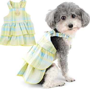 Imagem de Zunea Vestidos xadrez para cães pequenos meninas verão vestido de verão colete bonito vestido de princesa com anel em D roupas de cachorrinho saia tutu macio respirável feminino roupas para animais de