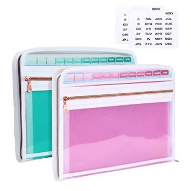 Imagem de MEGREZ Pasta de arquivo de papel A4 com 13 bolsos, pasta de arquivo sanfonada com zíper organizador para escritório, pasta de arquivos expansível à prova d'água com abas, verde e rosa (2 pacotes)