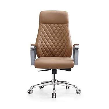 Imagem de Cadeira de escritório ergonômica – Cadeira de mesa de encosto alto com suporte lombar elástico almofada grossa para assento – com apoio de braço de couro, cadeira de conferência, cadeira de