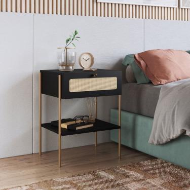 Imagem de Mesa de Cabeceira 1 Gaveta Palhinha Pé Metal Oslo Nero/Dourado