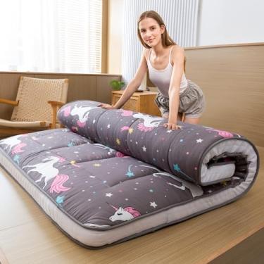 Imagem de MAXYOYO Colchão de futon com padrão de unicórnio, colchão japonês de tamanho completo, tapete de cama acolchoado, almofada de dormir dobrável extragrossa para cama de hóspedes respirável para sofá de