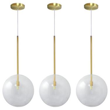 Imagem de Kit 3 Pendente Lux Dourado Globo Vidro Cristal 25Cm + Led - Iluminar A