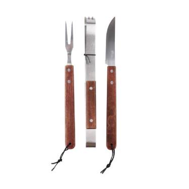 Imagem de Kit Churrasco ATENAS 3 Peças Faca Garfo Pinça - Cabo Madeira - Em Casa