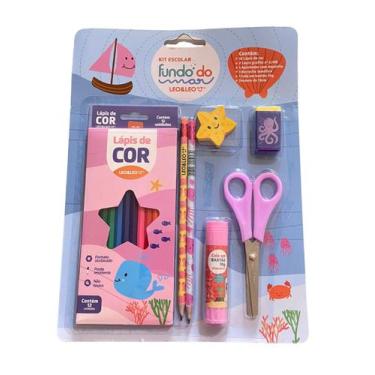 Imagem de Kit Escolar Fundo Mar Lapis De Cor 12 Cores +6 itens - Leo&Leo, Kit Es