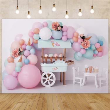 Imagem de Fundo fotográfico de carrinho de sorvete, balões cor-de-rosa, para bebês, primeiro ano de idade, cenário de festa de primeiro aniversário, sorveteria, pano de fundo de loja, verão, príncipes doces,