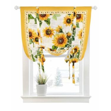 Imagem de Cortinas de amarrar para janelas, verão, fazenda, girassol, bolso para varão, amarrar, persiana, balão, ajustável, flores amarelas em jornal para quarto, cozinha, banheiro, persianas, 86 x 114 cm
