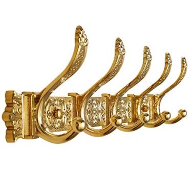 Imagem de Cabide organizador de cabide de liga de zinco montado na parede gancho de roupas estilo europeu criativo gancho de parede cabide dourado (5 ganchos) suporte de chapéu e guarda-chuva