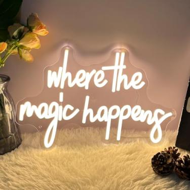 Imagem de Placa de néon Where the Magic Happen para decoração de parede personalizada LED neon sinal de luz neon personalizado aniversário casamento Natal presente sinal festa quarto bar casa quarto (branco