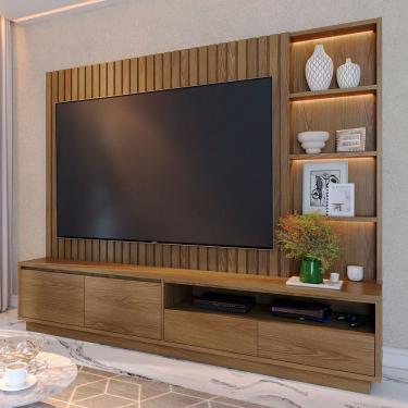 Imagem de Estante para TV Até 82 Polegadas Arraial 4 Gavetas com Led Ripado Amêndoa - Pnr Móveis