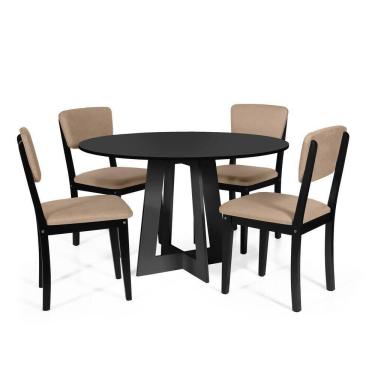 Imagem de Mesa De Jantar Redonda Montreal Preta Com 4 Cadeiras Estofadas Ella Preto/marrom Claro