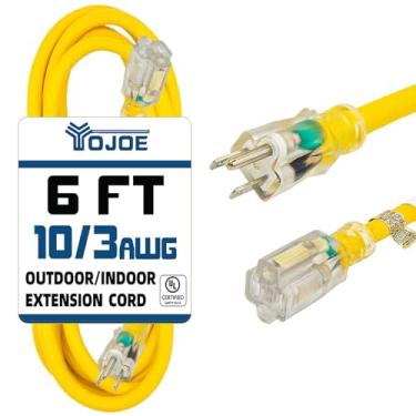 Imagem de yojoe Cabo De Extensão Para Ambientes Internos E Externos Com Ponta Iluminada, Alimentação 3 Pinos, 15 A, À Prova Intempéries, Calibre 10, Resistente, 6 Pés, Amarelo, Garagem, Jardim Casa, 10/3 Sjtw