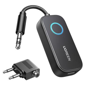 Imagem de UGREEN Receptor transmissor Bluetooth de avião para 2 AirPods ou fones de ouvido, adaptador Bluetooth sem fio 2 em 1 para viagem de avião, use com qualquer conector de 3,5 mm em voo, TV, estéreo de