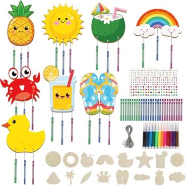 Imagem de gisgfim Pacote com 16 kits de artesanato de sino de vento de verão para crianças, faça seu próprio sino de vento, de madeira, faça você mesmo, artes e artesanato para festa no Havaí, escola, sala de