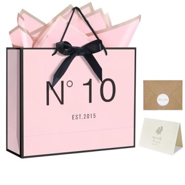 Imagem de Bolsa de presente de aniversário de 10 anos com envelope de cartão, fita de laço e papéis de seda para meninas N°10 EST.2015 Design com alças, para comemorar aniversário de 10 anos de idade de 2015
