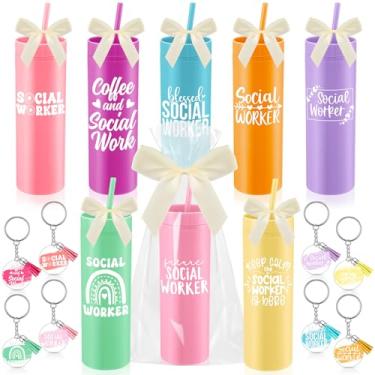 Imagem de Honeydak 8 peças, presentes de agradecimento de assistente social, copos de plástico de 473 ml com tampas e canudos, chaveiros de acrílico, saco de embalagem de arco OPP, presentes de agradecimento