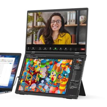 Imagem de 15,6 "monitores duplos (Wins/Mac) dobrável empilhado portátil duplo monitor, USB C Travel Extended Display com VESA Triple Portable Monitor para PC portátil