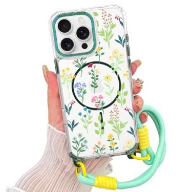 Imagem de AIGOMARA Capa magnética para iPhone [compatível com MagSafe] Capa de telefone com estampa floral transparente com cordão de pulso