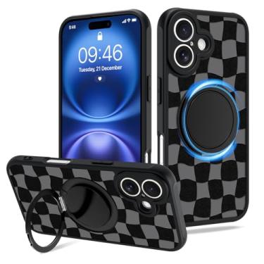 Imagem de Fiyart Capa projetada para iPhone 16, suporte de anel quadriculado, suporte magnético compatível com proteção de lente de câmera MagSafe para mulheres e homens, tabuleiro de xadrez de 6,1 polegadas