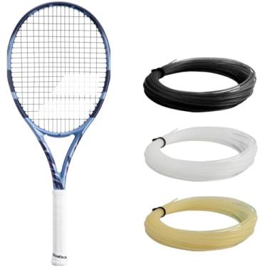 Imagem de Babolat Raquete de tênis Pure Drive Team de 11ª geração (aderência de 11,2 cm) amarrada com estripa branca em tensão de médio alcance