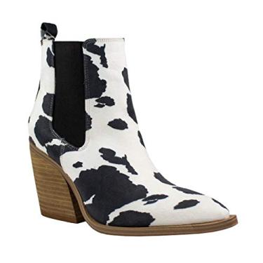 Imagem de ARIDER ARiderGirl Dako Western Booties Bota de tornozelo com estampa de animais e salto empilhado, bico fino, Vaca branca e preta, 40