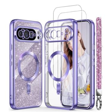 Imagem de DagoRoo Capa magnética para Google Pixel 10 Pro XL + 2 películas protetoras de tela, borda dourada banhada de luxo [cartão de glitter e alça de pulso] Capa fina e macia de TPU TPU à prova de choque