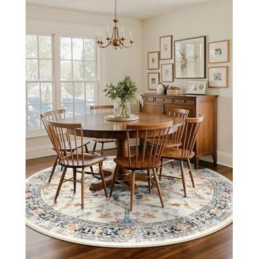 Imagem de RELEANY Tapetes de área de 2,1 m, lavável, antiderrapante, floral, vintage, estampa de angústia, tapete medalhão para sala de estar, quarto, sala de jantar, bege, azul marinho, laranja, colorido