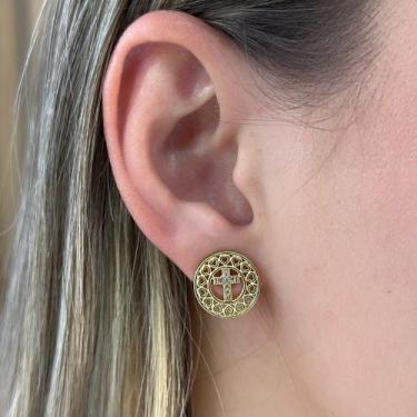 Imagem de Brinco Círculo Cruz Cravejada Zircônias Banhado em Ouro 18k - Anastási