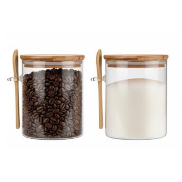 Imagem de Potes de Vidro Borossilicato com Tampa de Bambu, 550ml, Kit 2 Unidades, Vedação em Silicone e Colher