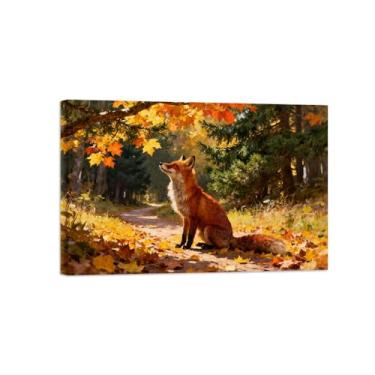 Imagem de Quadro arte parede outono-Raposa árvore floresta Impressões em tela paisagens-Pintura animais para decoração sala estar 20x30cm Tela Embrulhada