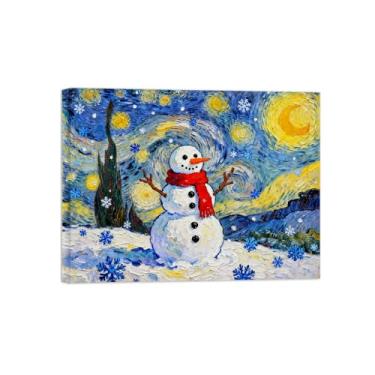 Imagem de Pinturas em tela Natal-Quadros Decoração de Parede-Boneco neve estrelado flocos neve-Inverno Paisagens Impressões para Sala de Estar 60x80cm Tela Embrulhada