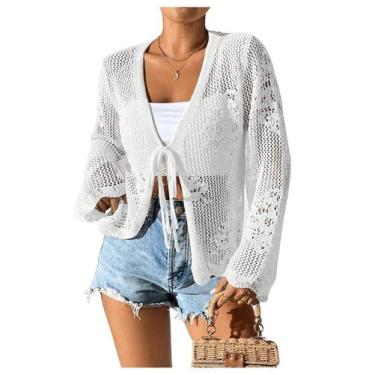 Imagem de Suéter de cardigã Floerns Tie Front Crochet Branco para Mulheres