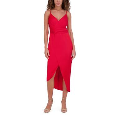 Imagem de Siena Vestido feminino sem mangas decote em V fosco cetim falso envoltório alto baixo, Vermelho, 36