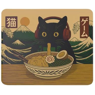 Imagem de Kawaii Gamer Cat Mouse Pad Funny Ramen Retro Japonês Anime Mousepad para Jogos, Gato Preto com Fones de Ouvido e Controlador