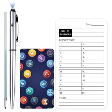 Imagem de Carteira de papel Crypto Recovery Phrase com caneta de luz UV, recurso de segurança de tinta invisível, organizador de senha de carteira de Bitcoin de armazenamento frio offline, folha de backup de 24