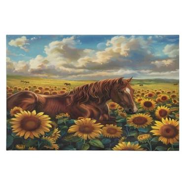 Imagem de Tapete de área 60 x 90 cm, macio, lavável, antiderrapante, com suporte de borracha, cavalo, girassóis, tapetes para sala de estar, quarto, decoração de casa