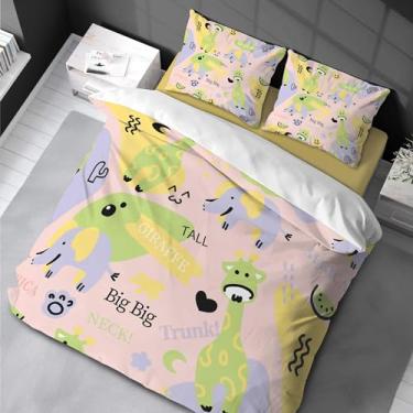 Imagem de Jogo de cama com estampa de animais Queen Kids Funny Cartoon Boys Girls Teen Elefante Girafa 220 x 240 cm -50 x 75 cm*2