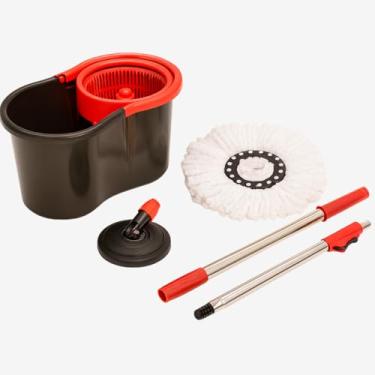 Imagem de Mop Giratório Inox Tamanho Único Vermelho/Cinza Balde Centrifuga Limpeza Pesada Esfregão Cabo Estensível Com Rodinhas