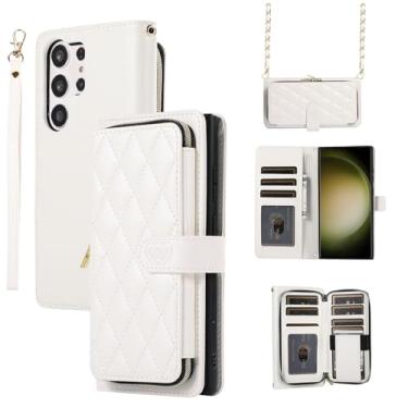 Imagem de Capa carteira para Samsung Galaxy S23 Ultra, capa de couro durável com fecho magnético e 9 compartimentos para cartão, suporte, alça de pulso, corrente, capa protetora de telefone à prova de choque