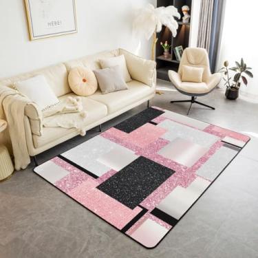 Imagem de Erosebridal Tapete geométrico rosa 7 x 12 cm moderno abstrato para quarto sala de estar preto cinza glitter impressão tapete decoração grades quadradas lantejoulas padrão tapete de chão interior