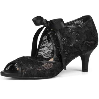 Imagem de Perphy Sandália feminina de salto agulha de renda com cadarço Peep Toe, Preto, 36