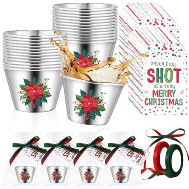 Imagem de Widecook Conjunto de 24 copos de shot de Natal, lembrancinhas de festa de Natal para convidados 59 ml, copos de uísque de aço inoxidável com etiqueta, cartões, sacos de petiscos, fitas, presentes de