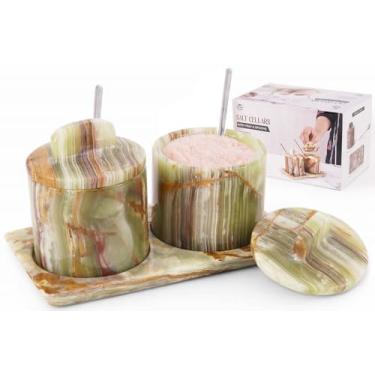 Imagem de SPESHSTONES Saleiro de mármore com tampa e bandeja de 7,5 cm recipientes de sal verdes feitos à mão para bancada - Jarra de sal de mármore com tampa para mesa de cozinha, acessórios de cozinha de
