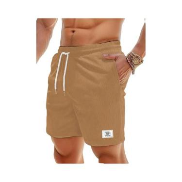 Imagem de Bermuda Masculina Casual De Verão Em Veludo Cotelê Com Cintura Ajustáv